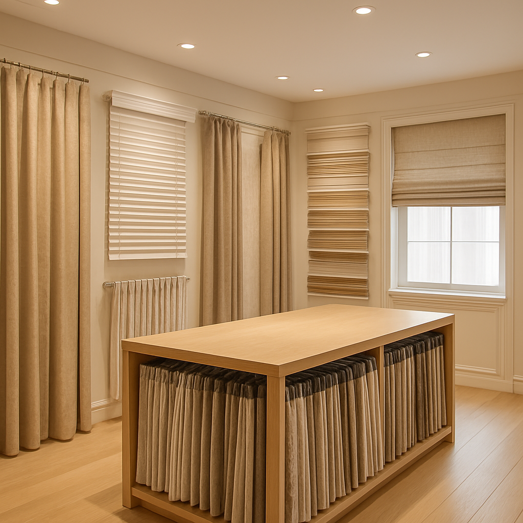 Bright M.A Blinds & Curtains showroom displaying fabric samples and window treatments