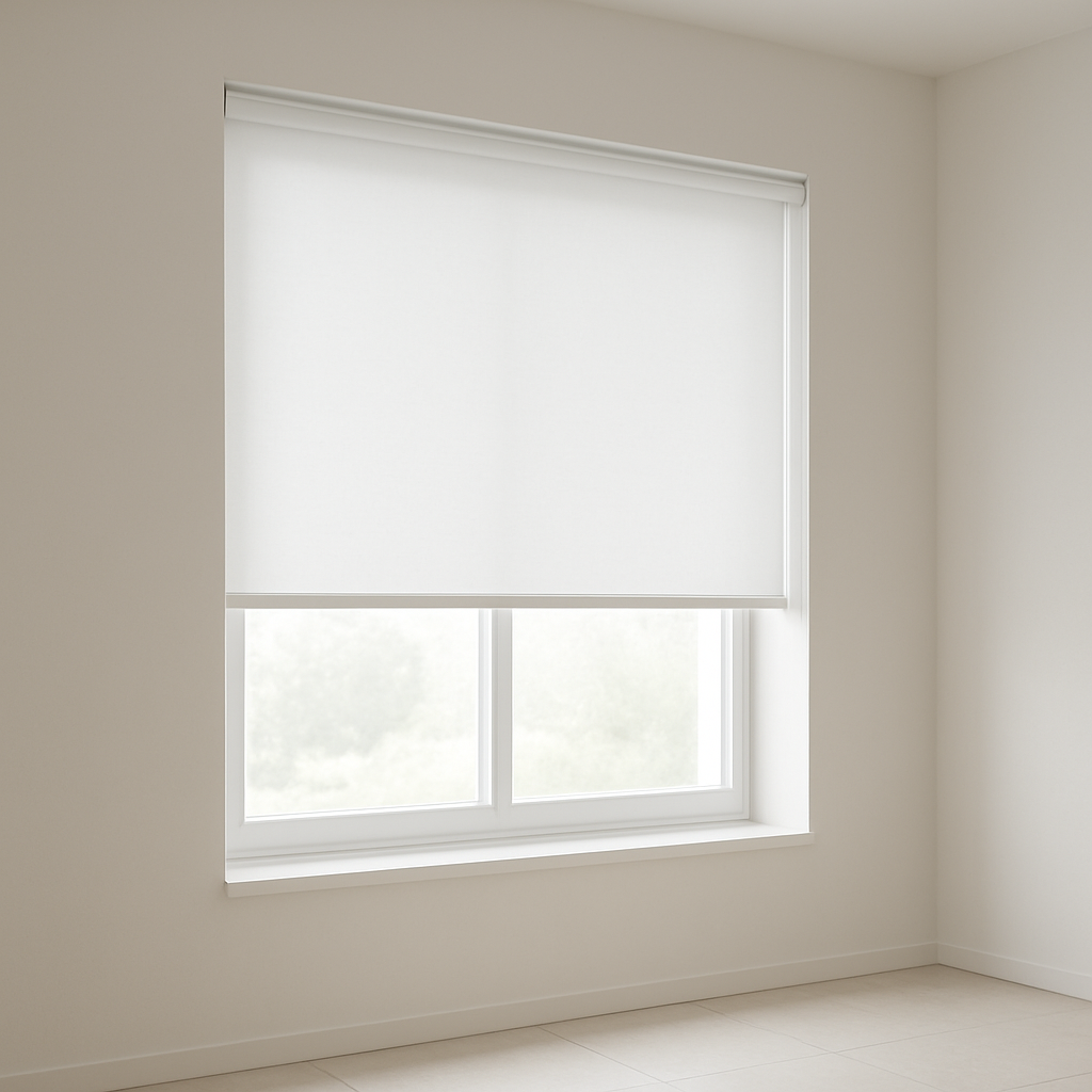 Modern white roller blinds on a large window in a minimalist room by M.A Blinds & Curtains