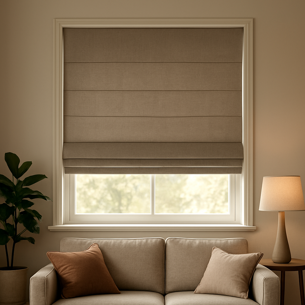 Soft taupe fabric roman blinds with neat folds in a cozy living room by M.A Blinds & Curtains