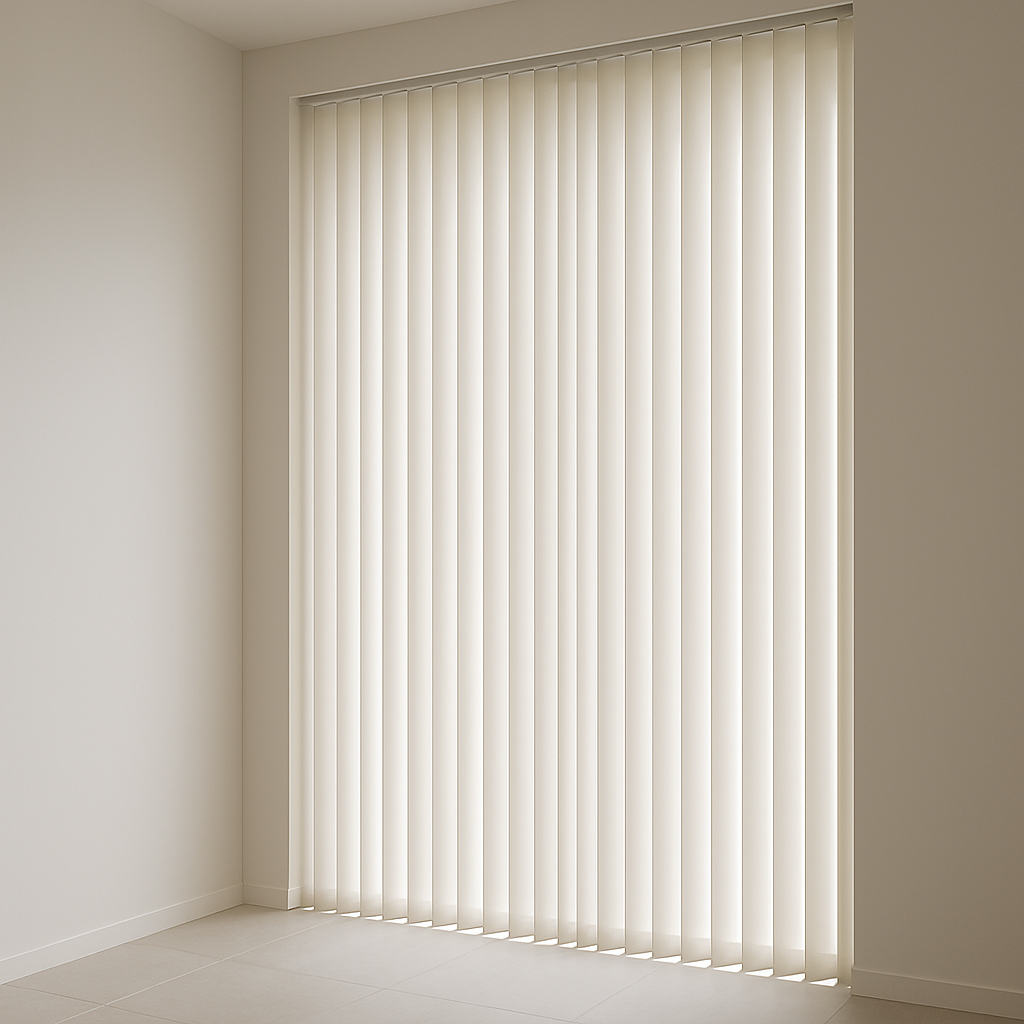 Off-white vertical blinds covering a tall floor-to-ceiling window by M.A Blinds & Curtains