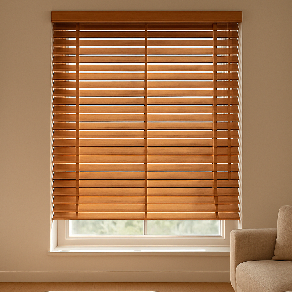 Natural oak wooden venetian blinds letting in striped sunlight by M.A Blinds & Curtains