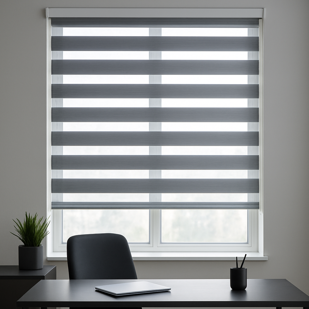 Grey zebra roller blinds with alternating sheer and solid stripes in a modern interior by M.A Blinds & Curtains