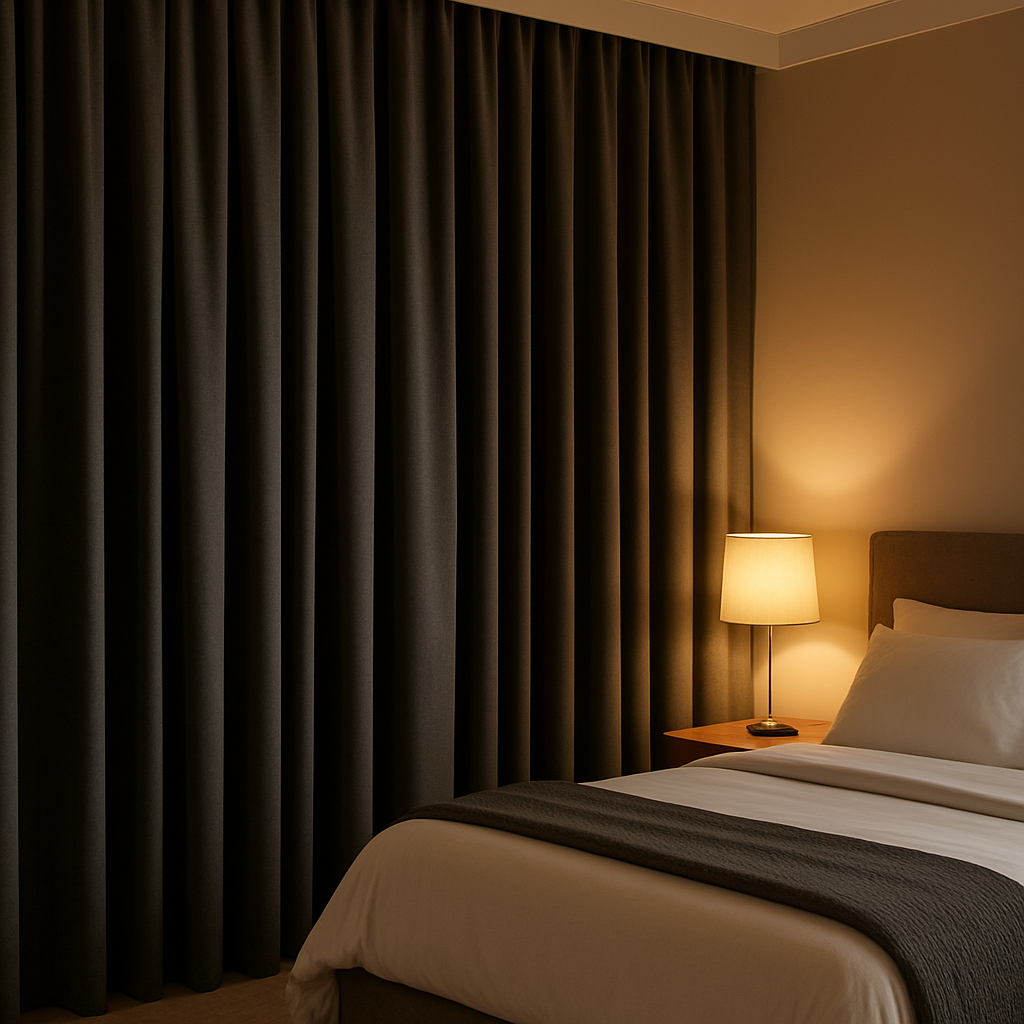 Charcoal grey blackout curtains in a modern bedroom by M.A Blinds & Curtains
