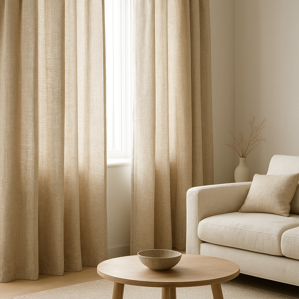 Natural beige linen curtains in a bright Scandinavian living room by M.A Blinds & Curtains