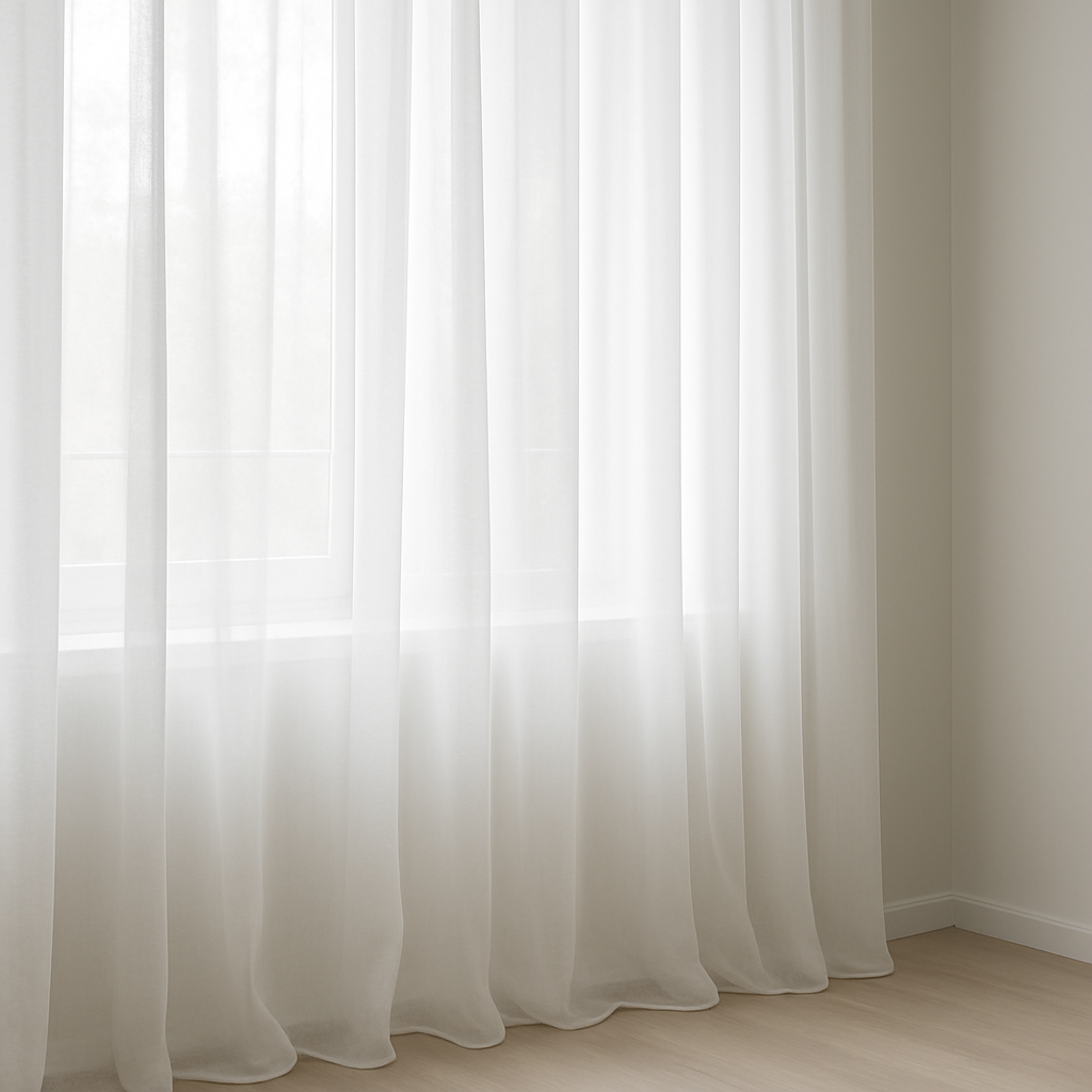 White sheer voile curtains diffusing soft daylight in a minimalist room by M.A Blinds & Curtains