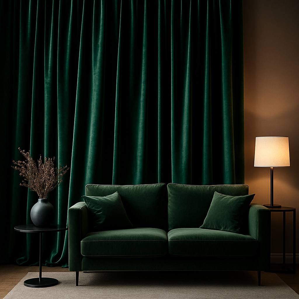 Deep emerald green velvet curtains draped in an elegant living room by M.A Blinds & Curtains