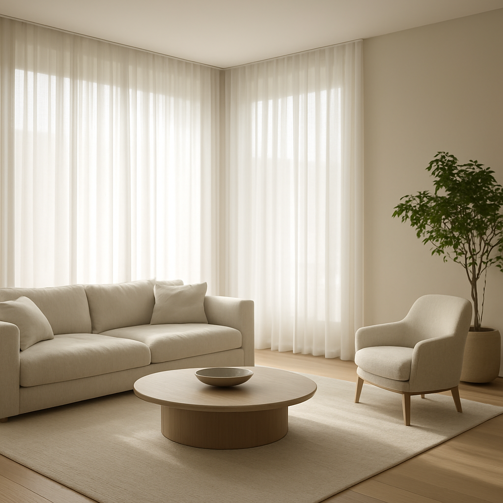 Minimalist living room dressed with premium floor-to-ceiling sheer curtains by M.A Blinds & Curtains